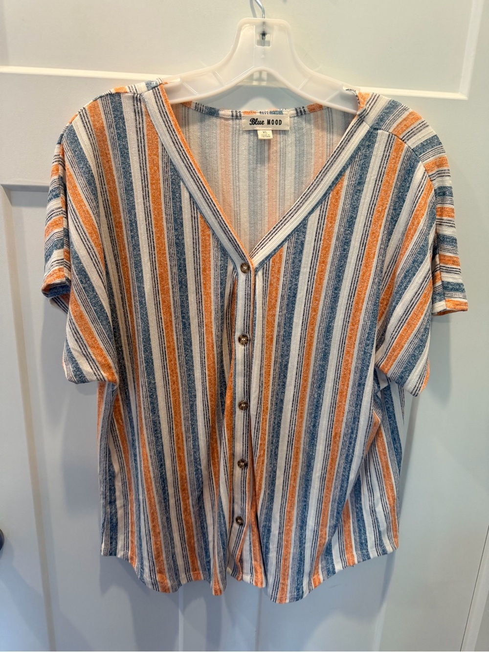 Blue Mood Striped Button Front Top XL Blue Orange V Neck Boho Casual